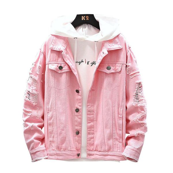 

men's jackets men women 2021 spring fake two pieces stitching pink ripped denim jeans jacket hip hop swag loose holes casual coats, Black;brown