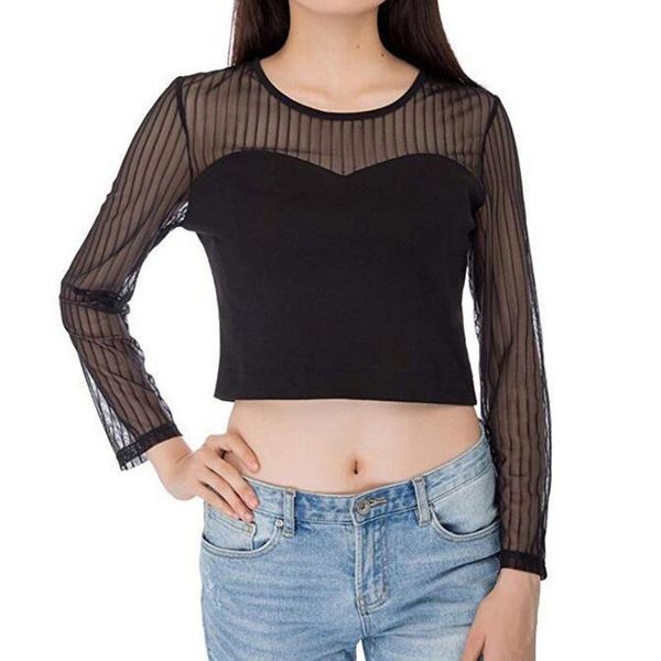 

women's t-shirt summer women round neck shirt splicing repair body expose navel short ladies lace embroidery hollow long slim sleeves b, White