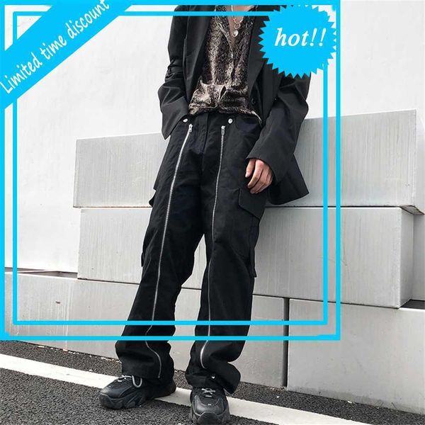 

overalls high street casual trousers male zipper decorate straight oversize cargo hip hop baggy pants, Black