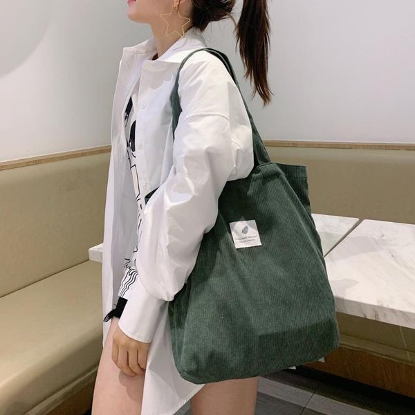 

storage bags y8 women corduroy ribbed velvet tote bag letters label patchwork solid color shopping single shoulder handbag foldable