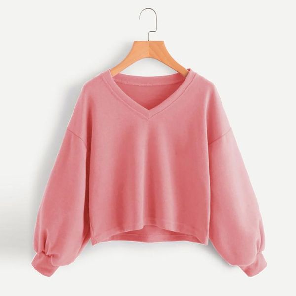 

women's hoodies & sweatshirts spring autumn solid casual drop shoulder lantern sleeves short sweatshirt blouse pullover fashion female, Black
