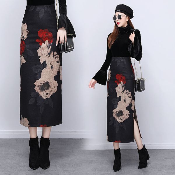 

autumn of the floral style woolen skirts for women thin waist invisible divided print skirt y261 vhie, Black
