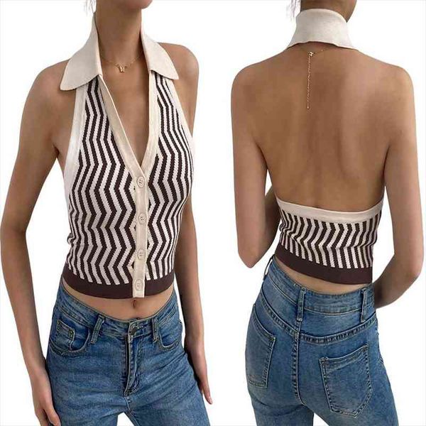 

ins summer women backless brown striped y2k crop tank halter knit vest female fashion slim button streetwear, White