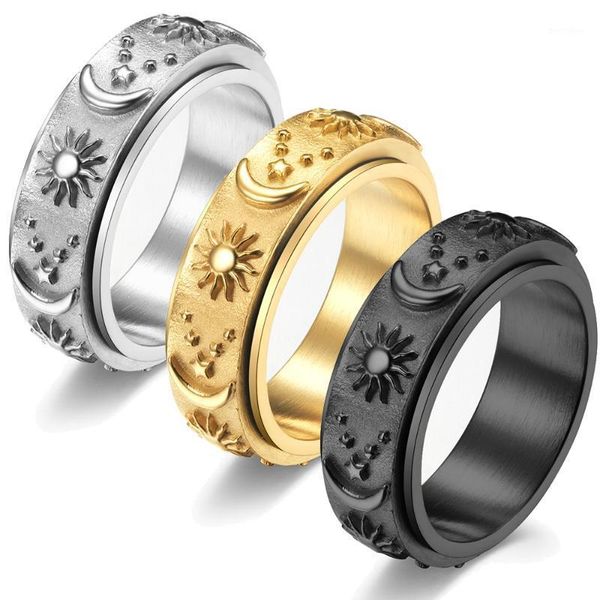 Cluster Ringe Vintage Edelstahl Sonne Mond Stern Spinner Ring für Frauen Männer Stressabbau drehbarer Zappeln Hiphop Biker Schmuck