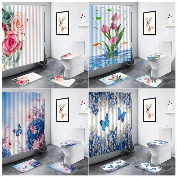 

shower curtains butterfly floral set bath mats rose tulip flowers rural scenery bathroom decor carpet toilet cover anti-slip rug