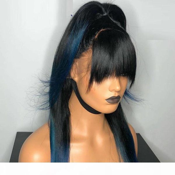 

human hair lace front wigs with bangs pre plucked bleached knots glueless straight glueless lacefront full chinese bang lace wig for women, Black;brown