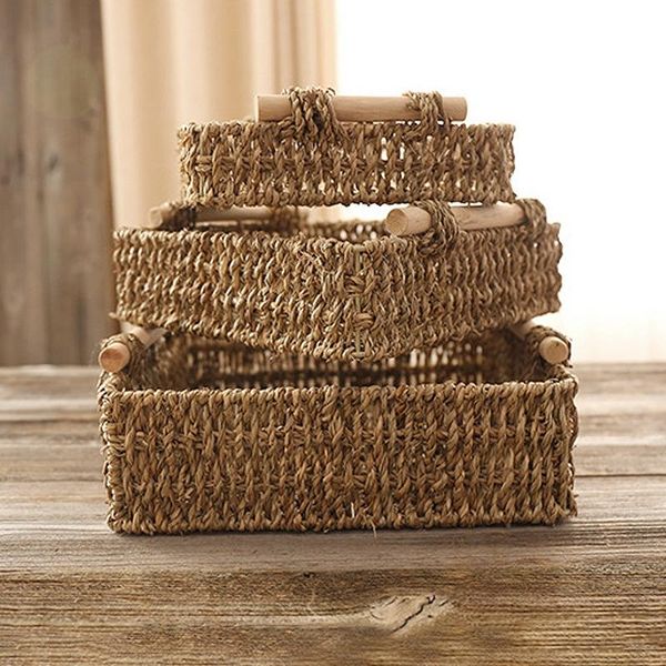 

storage baskets woven basket straw seagrass sundries organizer with wood handle stackable clothes toys container deskdecor