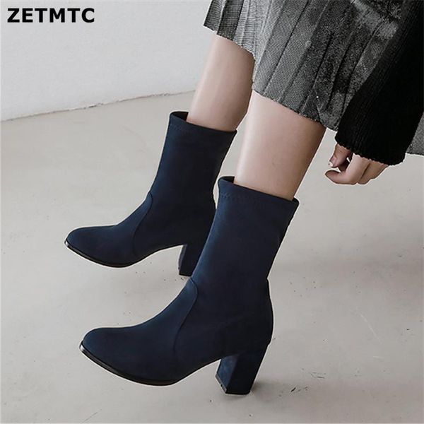 

boots stretch socks women shoes slip ankle spring winter elegant square high heels female 2021 plus size, Black