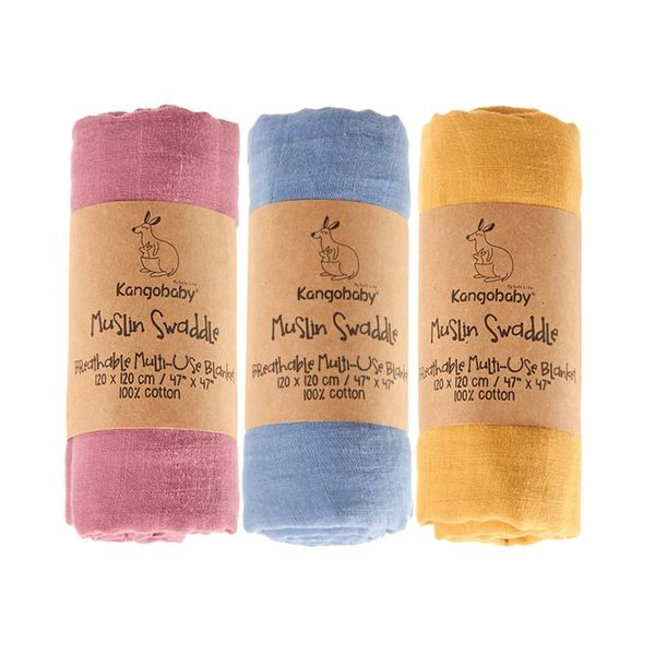 

kangobaby 3 pieces/pack100% muslin cotton swaddle blankets born pography accessories baby wrap bedding bath towel 210823