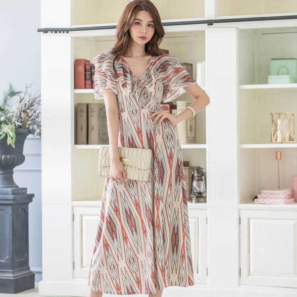 

vintage printed dress for women ruffles v neck short sleeve high waist elegant split female fashion clothing 210529, Black;gray