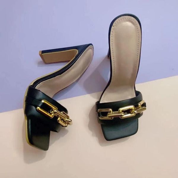 

slippers 2021 summer elegant women's fashion metal chain decoration high heels mules slides pumps square toe ladies shoes, Black