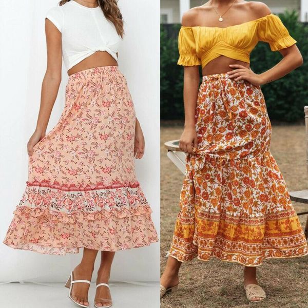 

skirts summer holiday fashion women elastic high waist floral printed ruffled ladies casual maxi dress beachwear sundress, Black