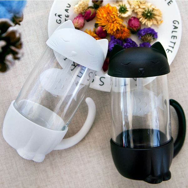 

cute cat glass cup tea mug with fish infuser strainer filter home offic 35