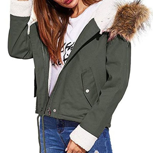 

women's jackets women winter thick coats and ladies fur collar short fleece long sleeve cotton hooded warm zip pocket jacket coat, Black;brown