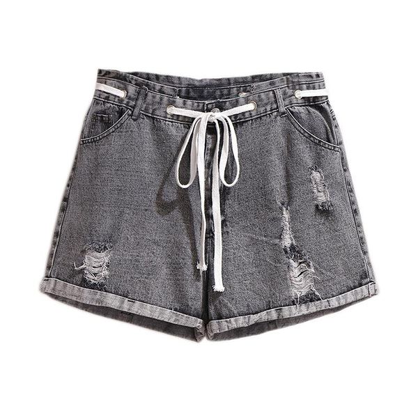 

women's jeans fashion spring and summer revers with holes denim loose-fit slimming lace-up elastic waist wide-leg shorts, Blue
