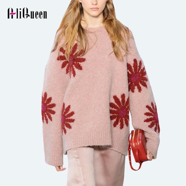 

women's sweaters runway designer sweater pullover 2021 autumn winter thickening warm women elegant floral jacquard jersey loose knit ju, White;black