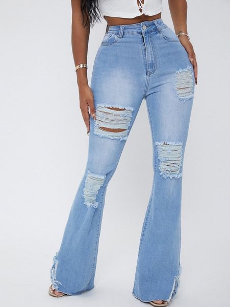 

sxy high waist ripped fringe hem flare leg jeans n0wn#, Blue