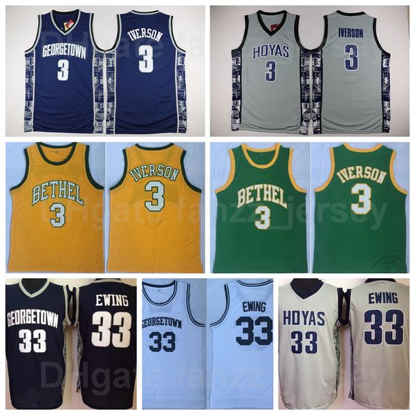 

ncaa georgetown hoyas allen iverson college jersey 3 basketball high school 33 patrick ewing university team color navy blue white grey gree, Black