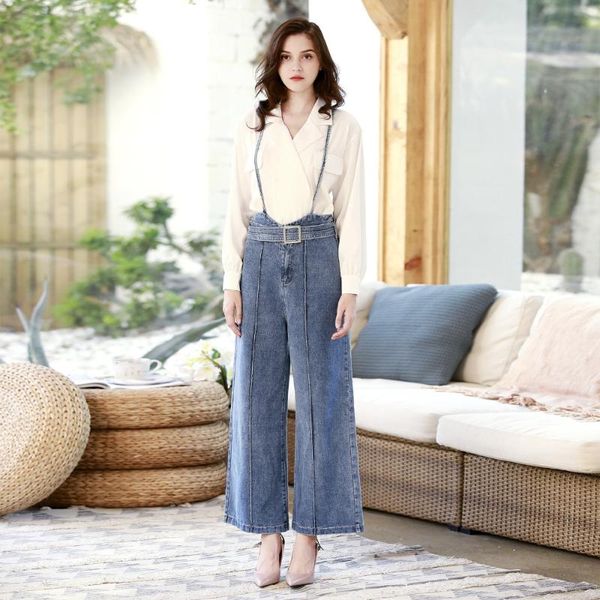 

women's jeans dtynz high waist strap loose bib straight trousers casual fashion street denim, Blue