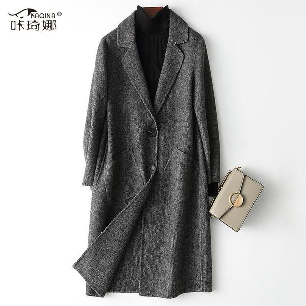 

women's wool & blends 2021 spring woolen coat herringbone double-sided tweed long, Black