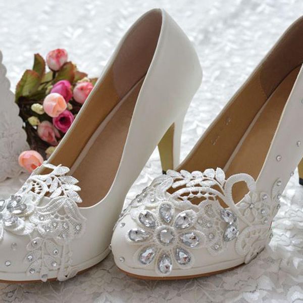 

dress shoes white lace flower crystal lady round toe wedding bridal formal woman party prom, Black
