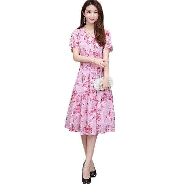 Vestido de Verão Mamãe Luz Rosa L-5XL Plus Size es Coreano Escritório Elegante Manga Curta Imprimir Uma Linha Vestido LR146 210531
