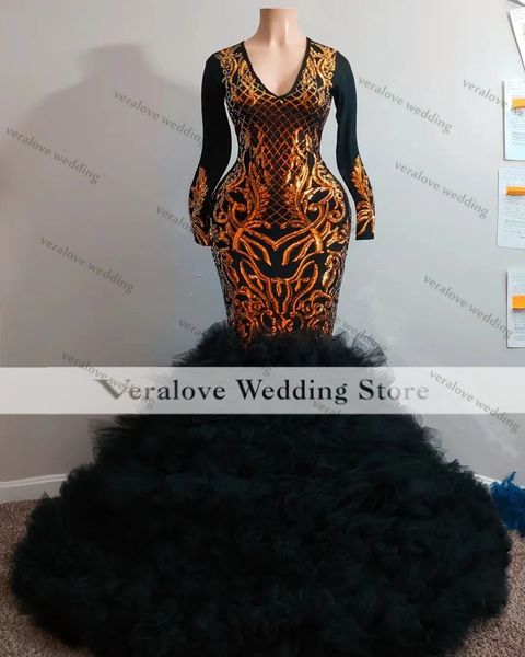 

women black dress sequins prom dresses long sleeves v neck ruffles skirt african occasion evening party gowns