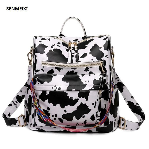 

women's leather cow pattern backpack large capacity zebra pattern women's casual travel backpacks shoulder school bags mochila