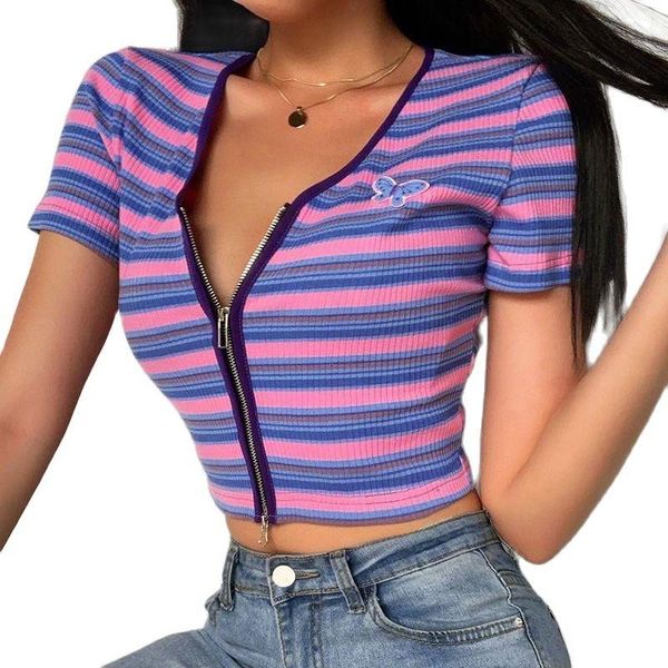 

y2kv-neck zippers cardigans t-shirt women summer korean fashion short sleeve striped crop schoolgirl clothes, White