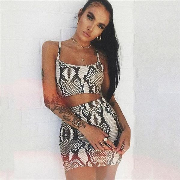 

fashion ladies snake print two piece set streetwear women summer sleeveless bandage crop skirt set party club 2 piece set, Gray