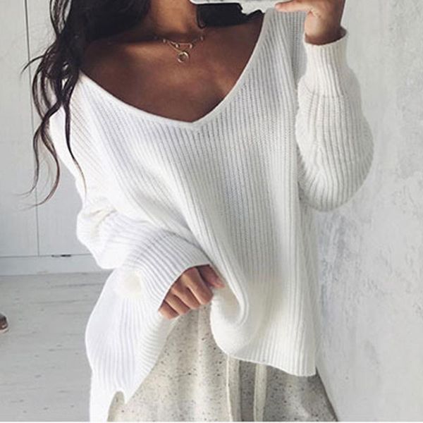 

women's sweaters off shoulder split knitted long sleeve v-neck female pullover 2021 fall winter loose knitwear lady jumper, White;black
