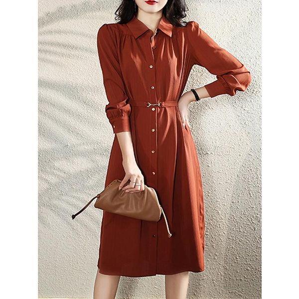 

casual dresses french retro shirtdress for women 2021 autumn temperament long sleeves tie waist bow midi dress, Black;gray
