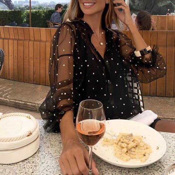 

see-through polka dot mesh sheer blouses women transparent shirts 2021 spring fall female long sleeve o-neck shirts blouse, White