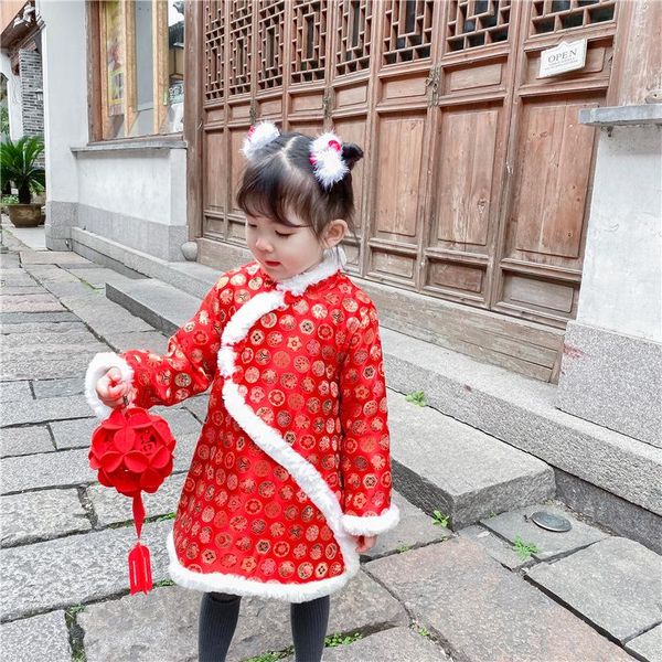 Abiti da ragazza Abiti da anni Stile cinese Ragazze rosse per bambini Vestito addensato per bambini Stampa Cheongsam 2-6 Y Abbigliamento per bambini