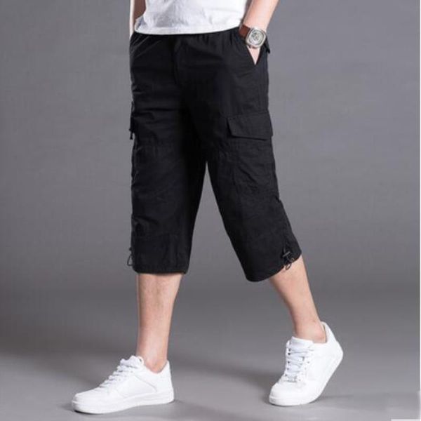 

kb cargo multi pocket male zipper baggy capris men's breeches military army green khaki men quarter plus shorts size tactical wdscs, Black