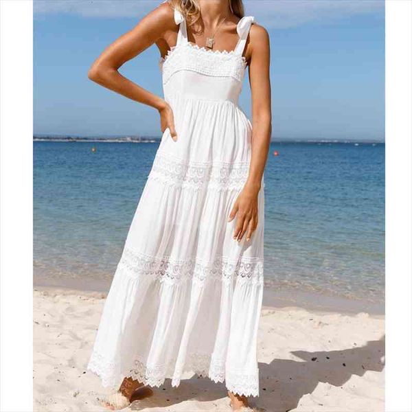 

boho summer white beach dress women straps lace up maxi sundress holiday lady lace trim high waist long dress a-line, Black;gray