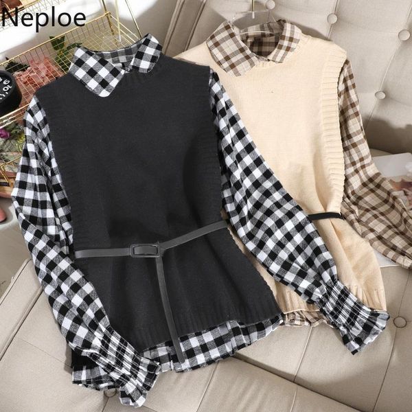 

two piece dress neploe 2 set spring 2021 plaid single breasted long sleeve shirts+solid knitted o neck sleeveless vest fashion suits 80580, White
