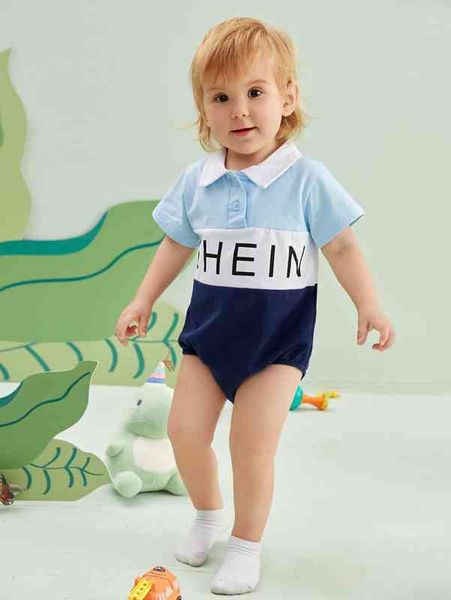 

baby letter graphic color block polo neck bodysuit she, Blue