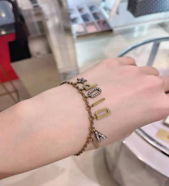 

d family made old letter inlaid with zircon dijia five pointed star hand decoration celebrity small fashion bracelet, Golden;silver