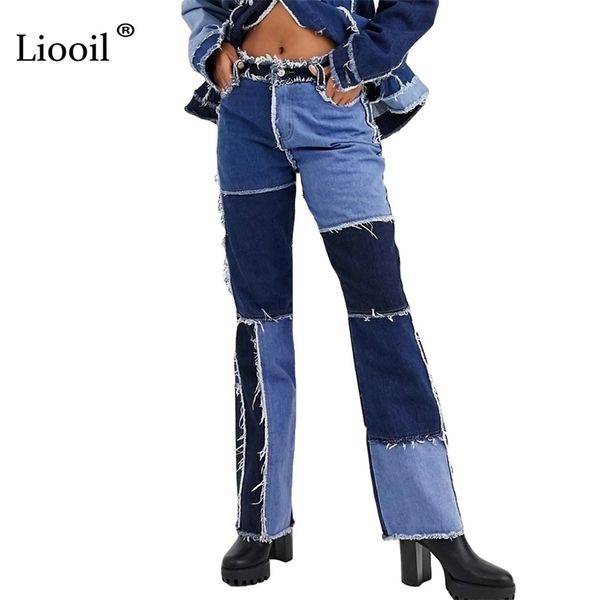 

liooil patchwork skinny straight leg boyfriend jeans woman high waist denim trousers color block brown streetwear pants 210915, Blue