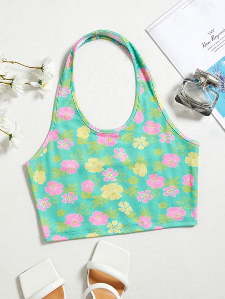 

floral print backless rib knit halter crop q4y0#, White