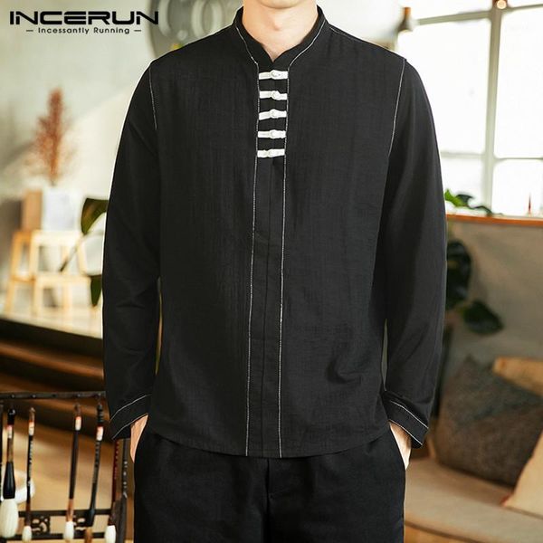 

incerun men solid long sleeve collar joker buckle shirt pullover fashion casual street cotton linen mens blouse chinese costume1, White;black