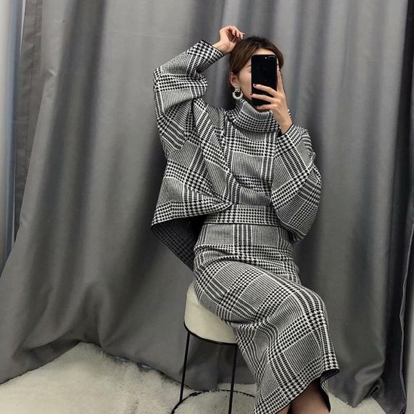 

casual long skirt za houndstood straight knitted skirt women office lady high waist elastic chic fashion faldas mujer moda 2021, Black