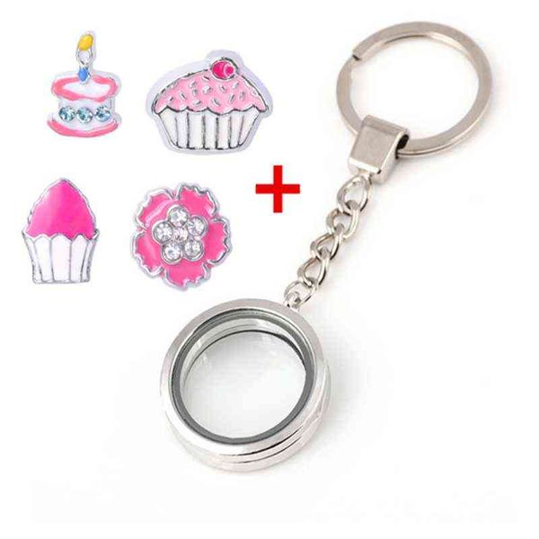 

5pcs 30mm round floating p memory medallion locket pendant chain keychain with birthday cake flower charms gift jewelry h1126, Silver