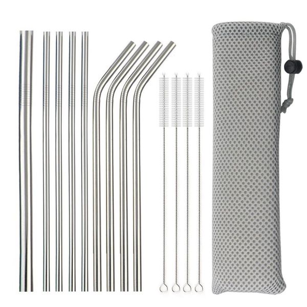 

drinking straws metal straw reusable 304 stainless steel set straight bent case with brush party bar accessory