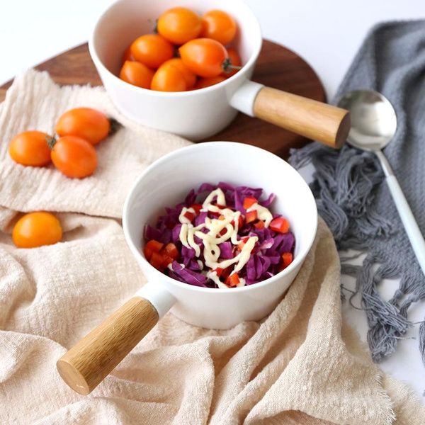 

bowls simple solid color white porcelain breakfast bowl with bamboo handle salad pasta fruit dessert hand household products