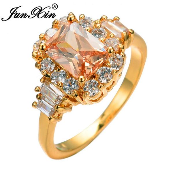 

wedding rings junxin exquisite big square champagne cubic zirconia stone yellow gold filled for women round white crystal bridal gifts, Slivery;golden