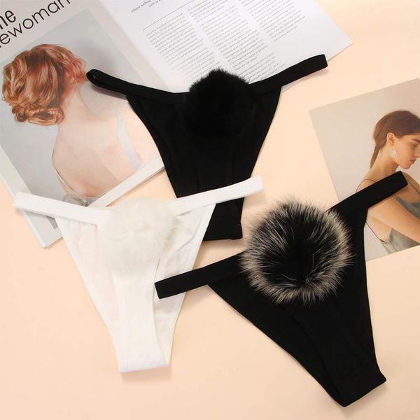 

women's panties 2021 hair ball briefs g string pompom ladies girl's cotton thong t-back underwear, Black;pink
