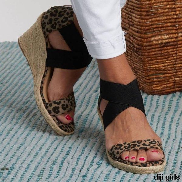

newwomen summer wedges sandals leopard cross tie snakeskin ladies open toe zipper female beach shoes soft bottom plus size, Black