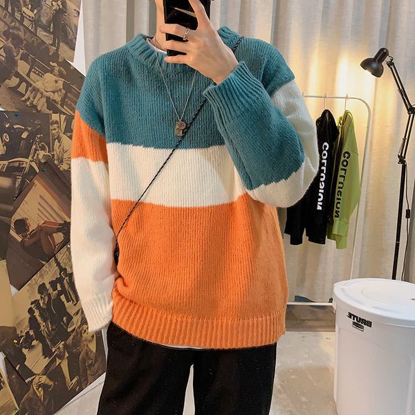 

2021 New Male Fashions Loosen Pullover Long Sleeve Stripe Wool Sweaters Around the Neck Coats Keep Warm Knitting Cashmere Size -2xl 7mc0, White;black